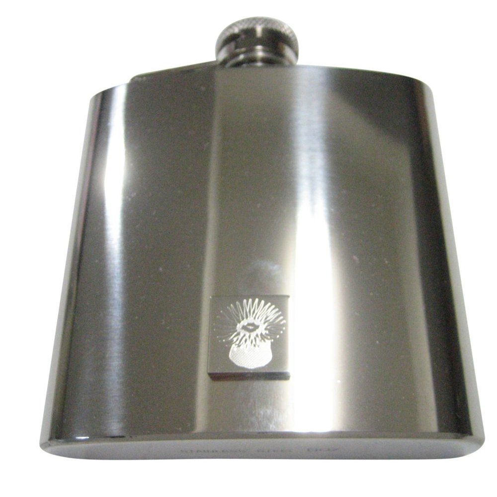 Silver Toned Square Etched Sea Anemone 6oz Flask